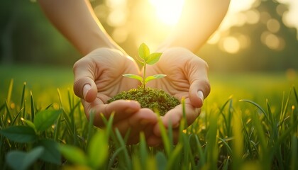 Hands Holding Small Green Plant Growing in Soil in Sunlit Natural Environment