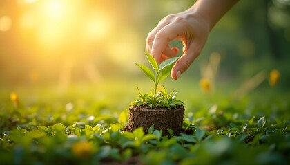 Hand Planting Young Green Seedling in Soil in Natural Sunlight Outdoor