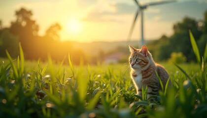 Cute Cat Sitting in Green Field at Sunset with Wind Turbine in Background