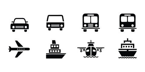 Black Silhouette Transport Vehicle Vector Icon Set for Travel Design Projects