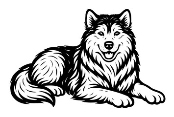 A black and white drawing of a malamute dog with a happy expression.