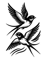 Two martin birds flying in the sky with their wings spread out