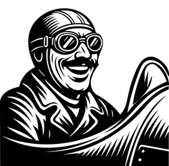 A pilot man with a mustache and goggles is smiling