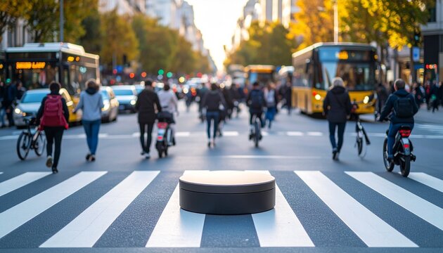 Urban crossroads Zebra stripes pod amidst motion