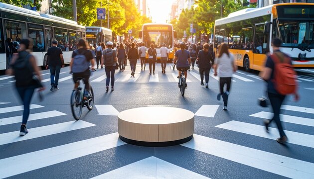 Pedestrians and cyclists traverse bustling city zebra crossing