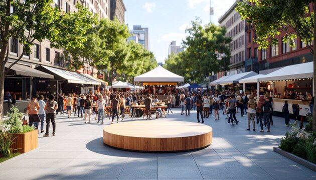 Naklejki Bustling city marketplace with outdoor stage