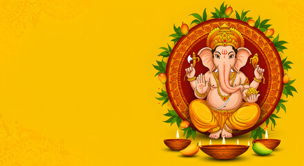 Ganesha sitting in mango garland circle with diya lamp and yellow background for joyful Vinayagar Chaturthi artwork design