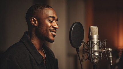 African american man sings song with microphone, recording music in professional studio for sound production footage.