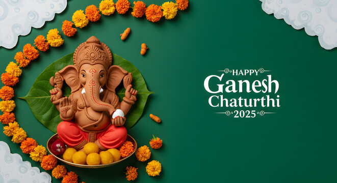 Ganesh Chaturthi festive greeting with eco clay idol, marigold flower, laddu sweet, green background, leaf decoration and celebration message text
