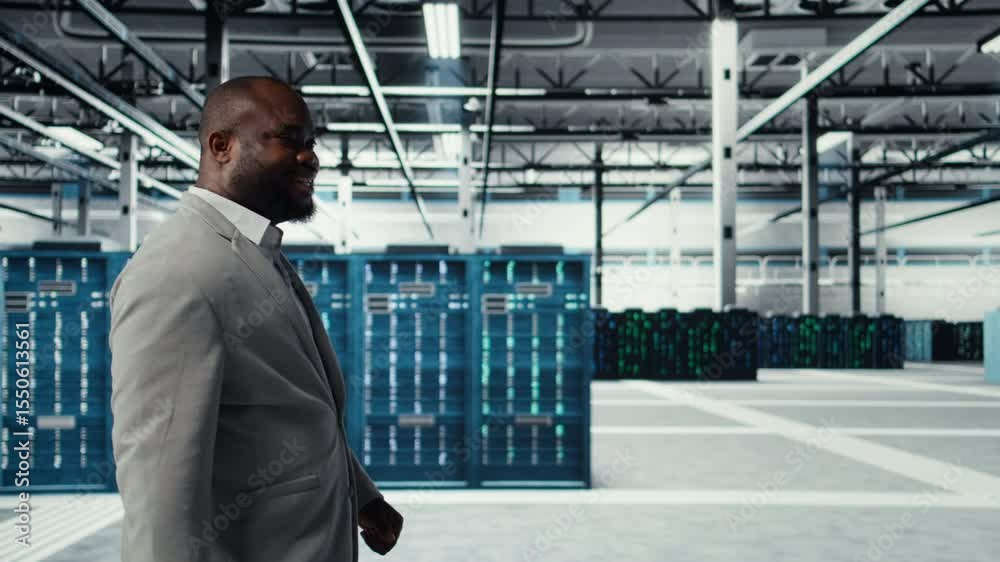 Poster engineer walking in data center facility, doing inspection on hardware tech handling user requests. 