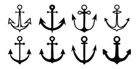 Versatile Black Vector Silhouette Icon Set of Anchors for Nautical Decor, Maritime Branding, and Coastal Design Projects