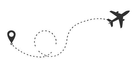 Minimalist Black Vector Illustration of Airplane Travel Path with Map Pin for Travel Guides, Adventure Maps, and Journey Graphics