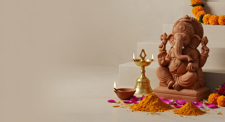 Peaceful Lord Ganesha clay idol setup with turmeric powder, diya light, flower petal and pooja item on wooden background