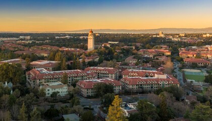 Aerial view of Stanford University campus showcasing the iconic Hoover Tower and surrounding buildings at sunset. Palo Alto, California, USA. 28 December 2024.