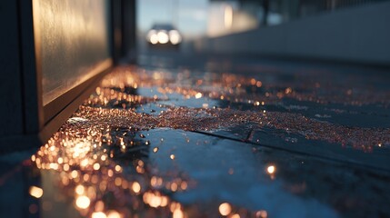 Close-up of wet pavement at dusk, illuminated by scattered sparks