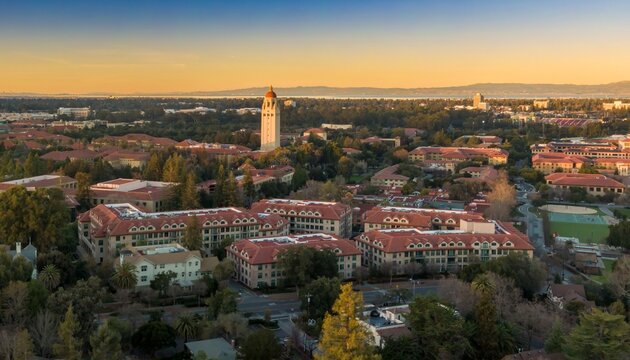 Aerial view of Stanford University campus showcasing the iconic Hoover Tower and surrounding buildings at sunset. Palo Alto, California, USA. 28 December 2024.
