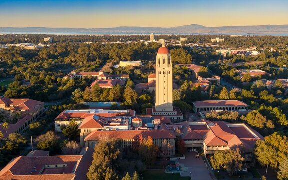 Aerial view of Hoover Tower at Stanford University, California, USA. The tower is a landmark, housing archives. Palo Alto, California, USA. 28 December 2024.