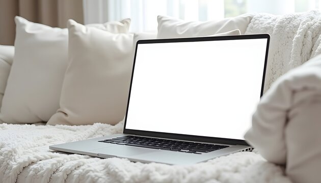Laptop on Couch with Blanket and Pillows Home Office Setup