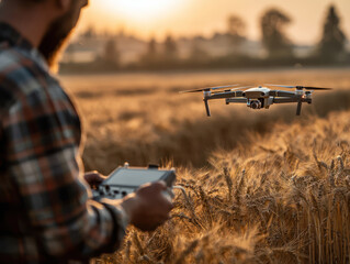 Farmer operating drone controller while monitoring wheat field health late afternoon natural lighting with drone visible.