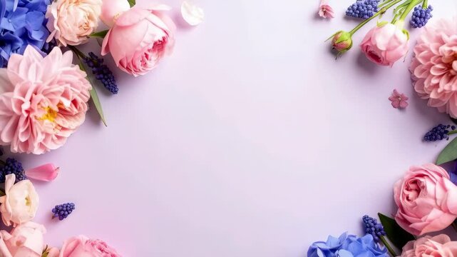 Floral arrangement of pink roses, blue hydrangeas and grape hyacinths with copy space on a light purple background