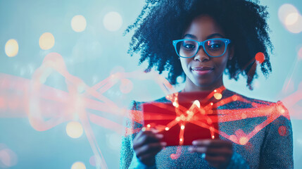 A Confident woman Holding a Tablet With Abstract Light Overlay for Technology and Innovation