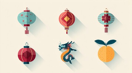 Chinese New Year Elements Collection Featuring Lanterns Dragon and Orange Flat Design