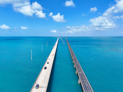 The newer Seven Mile Bridge running parallel to the original, historic Overseas highway at Marathon in the Florida Keys, Monroe County, Florida, United States