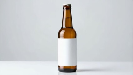 Brown glass bottle with a white label on a white background, mockup for branding and design purposes, minimalistic background