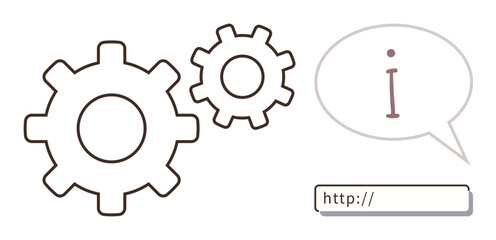 Two mechanical gears, speech bubble with an i for information, and a web link. Ideal for tech support, process automation, online tools, programming, data access, innovation simple flat metaphor