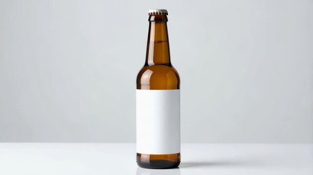 Brown glass bottle with a white label on a white background, mockup for branding and design purposes, minimalistic background