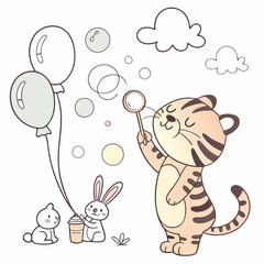 A Grumpy Tiger with blowing bubbles in a Soft pastel theme – Soft Pastel palette SVG illustration