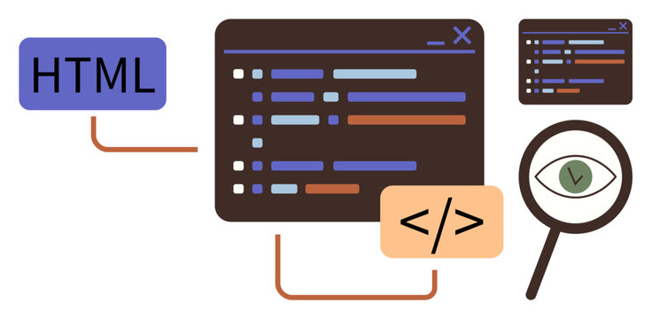 Code editor windows with HTML and code tags, debugging magnifier with a green checkmark, and connected elements. Ideal for coding, programming, web development, debugging, software design, learning