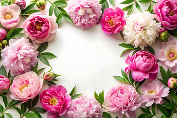 Beautiful frame of pink and white peony flowers with leaves on white