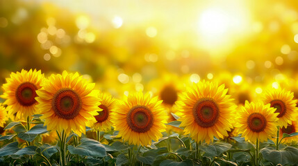 Fototapeta premium A serene sunflower field at golden hour, bathed in sunlight. Concept: Summer bloom, Purpose: decoration.