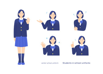 ブレザー制服の女子学生 考える、案内する、指差し、ひらめきポーズのベクターイラスト素材