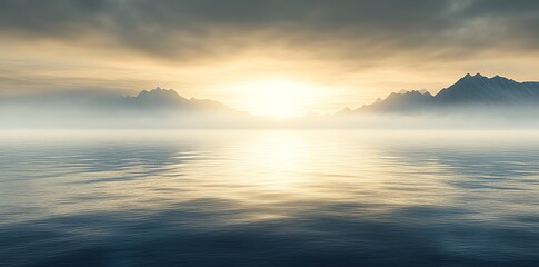 Fototapeta premium Serene Mountain Lake Scene with Sunrise Bright Light and Calm Water