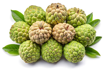 A vibrant and lush cluster of exotic custard apples with fresh leaves