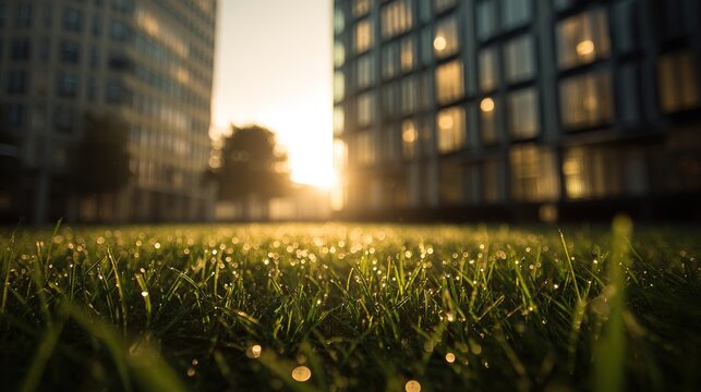 Dew-kissed grass in urban setting at sunrise