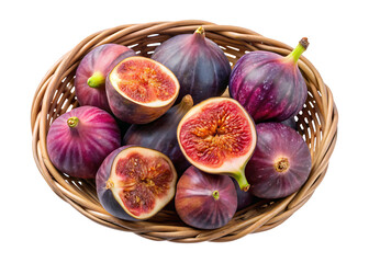 Top down view of a basket overflowing with fresh ripe figs