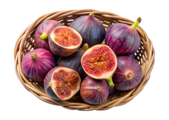 Top down view of a basket overflowing with fresh ripe figs