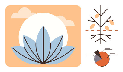 Lotus flower with soft sunlight, stylized tree illustrating growth with roots and leaves, pie chart for analysis. Ideal for ecology, growth, balance, meditation, sustainability, nature education