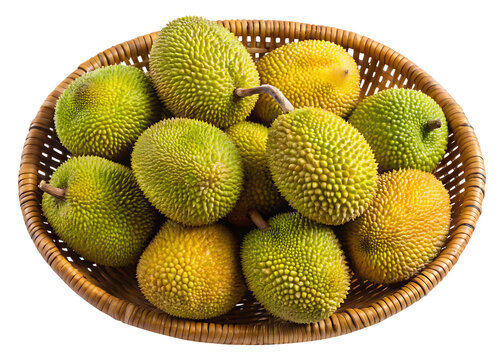 Pile of spiky fruits in a wicker basket on a white background