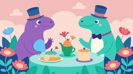 Naklejka premium Elegant Gathering A colorful scene featuring a long round table set with fine china and an array of pastries. Two friendly dinosaurs one wearing a top hat and the other in a bonnet