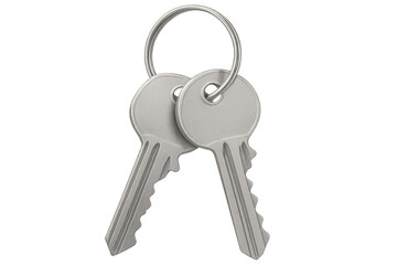 Metallic keys dangling from connecting ring, suspended against transparent backdrop, enhancing graphic design possibilities
