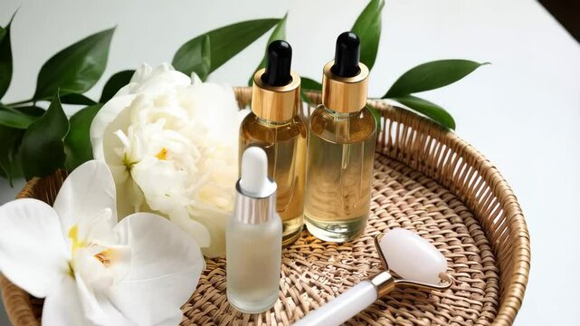 Wellness beauty setup with essential oil bottles, facial roller and white orchid blossoms arranged on woven tray for natural skincare