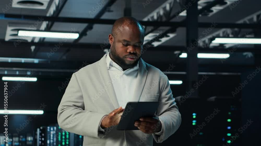 Poster system administrator walking in data center analyzing infrastructure performance outputs on tablet. 