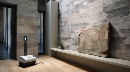 A serene museum environment featuring a portable neutron scanner set up next to an aged stone relief capturing the moment of examination in a context of cultural preservation.