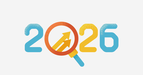 2026年の成長分析を象徴する矢印と拡大鏡のビジネスイラスト（ベクター素材）