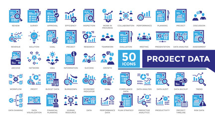 Project data icon solid two color set collection. This set includes presentation,data analysis,inspection,work in progress,strategy plan and more icons in solid style. Icon collection for infographics