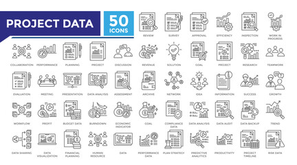 Project data lineal icon set collection. This set includes presentation, data analysis, inspection, work in progress, strategy plan and more icons in lineal style. Icons collection for infographics